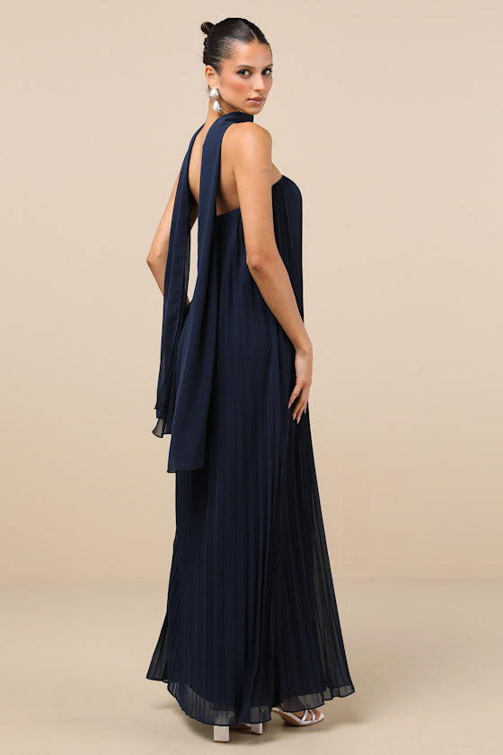 Lulus Lael Navy Pleated Strapless Dress And Scarf Set