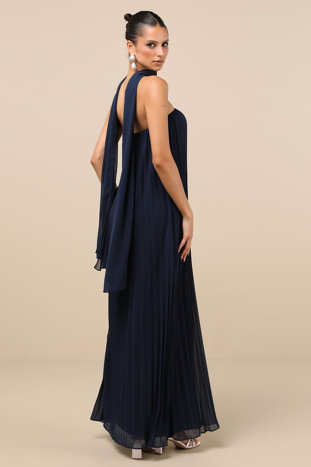 Lael Navy Pleated Strapless Dress and Scarf Set