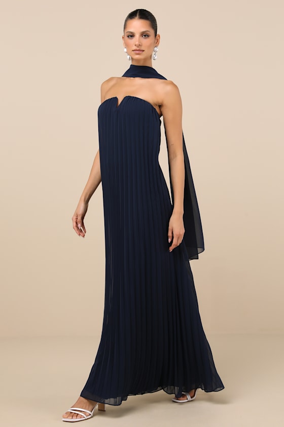 Lulus Lael Navy Pleated Strapless Dress And Scarf Set