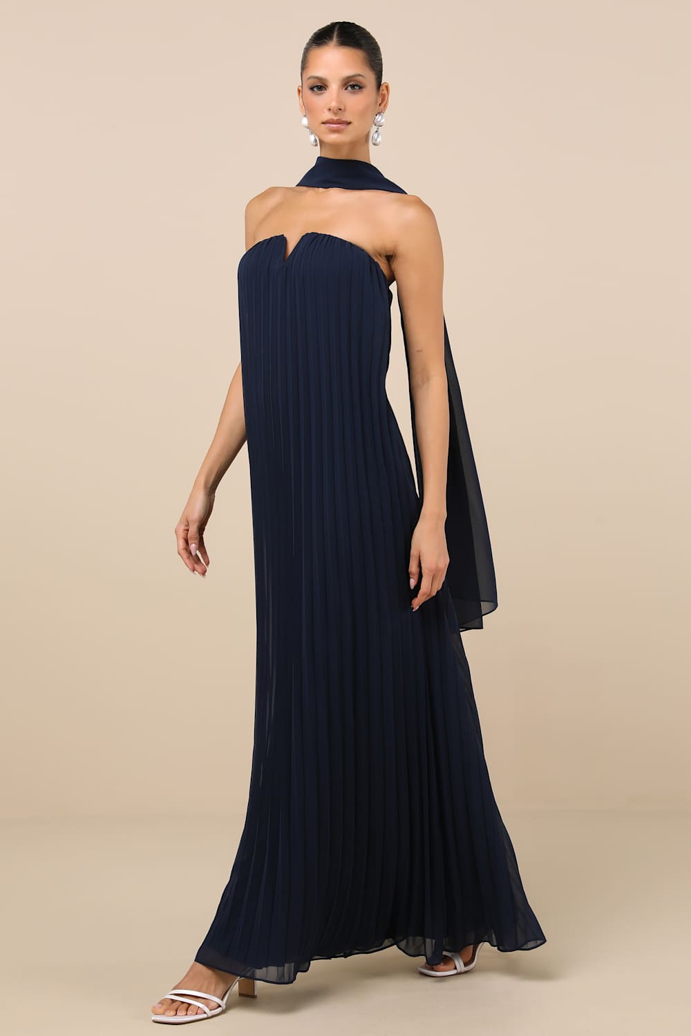 Lael Navy Pleated Strapless Dress and Scarf Set
