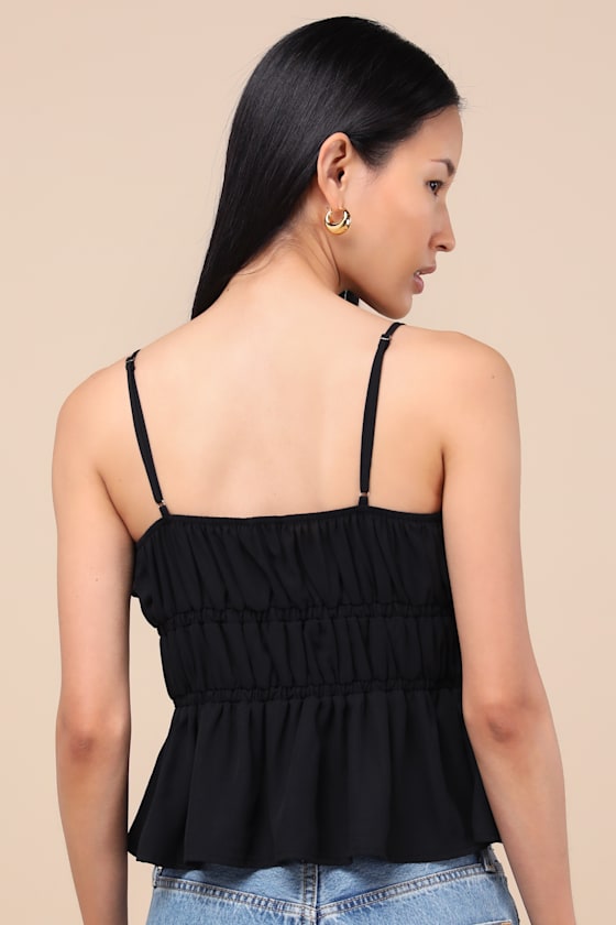 Lulus Nicolet Black Tie-front Peplum Cami Top In Animal Print