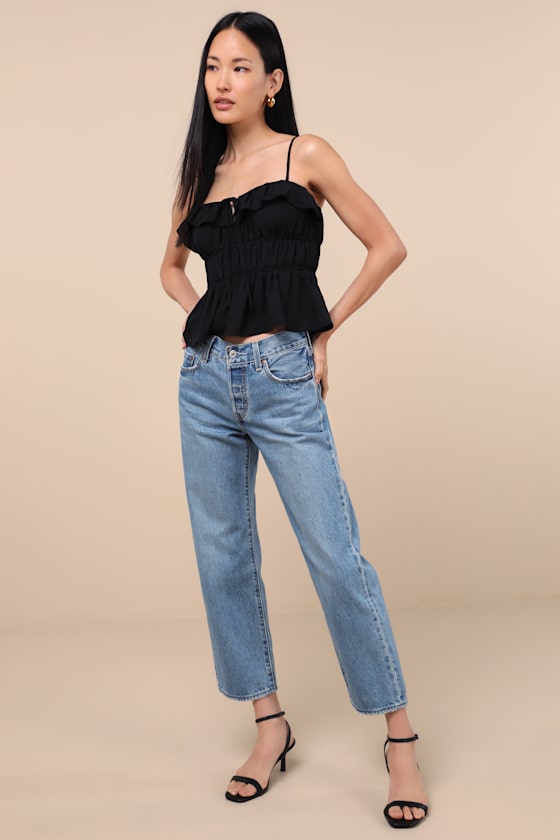 Lulus Nicolet Black Tie-front Peplum Cami Top In Animal Print