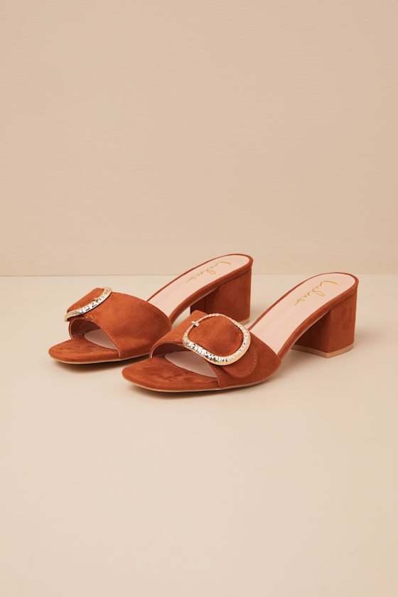 Lulus Franette Brown Suede Low Heel Buckle Slide Sandals