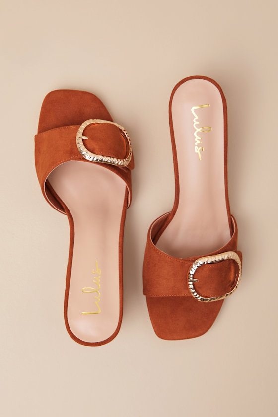 Lulus Franette Brown Suede Low Heel Buckle Slide Sandals