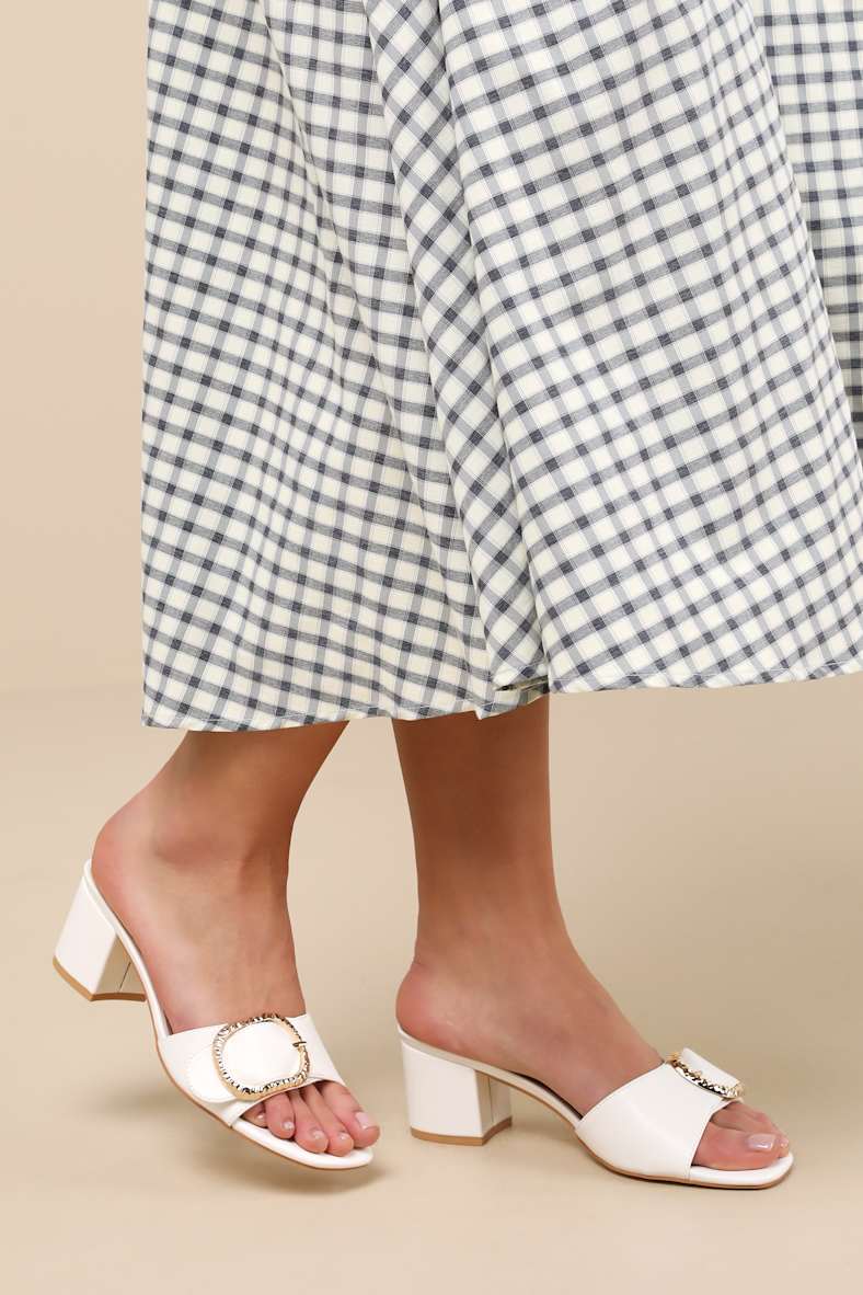 Franette Ivory Low Heel Buckle Slide Sandals