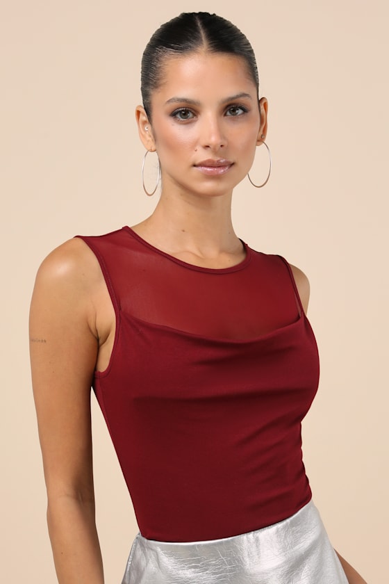 Lulus Corrine Dark Red Mesh Cowl Tank Top