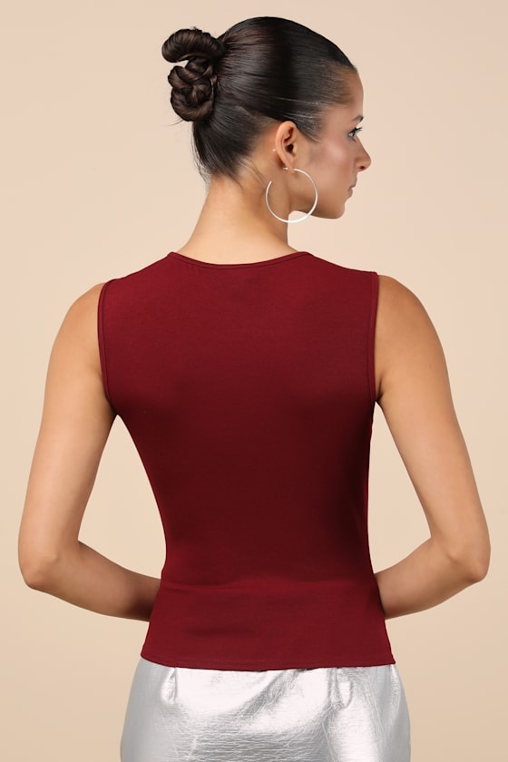 LULUS CORRINE DARK RED MESH COWL TANK TOP 