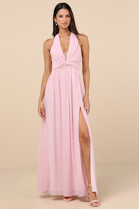 Marilina Light Pink Pleated Twist-Front Maxi Dress 1
