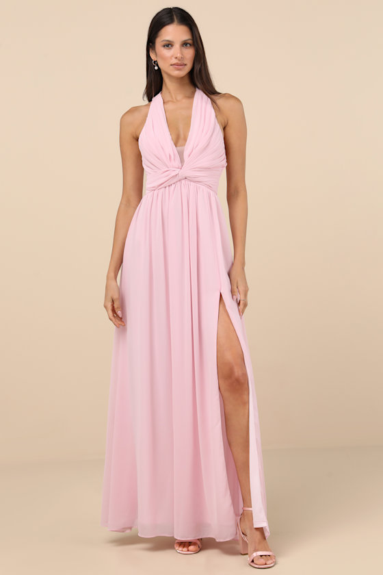 Marilina Light Pink Pleated Twist-Front Maxi Dress 1