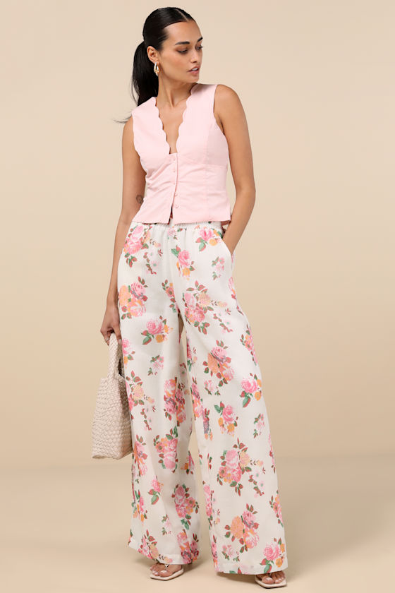 White and Pink Floral Pants - High-Rise Pants - Wide-Leg