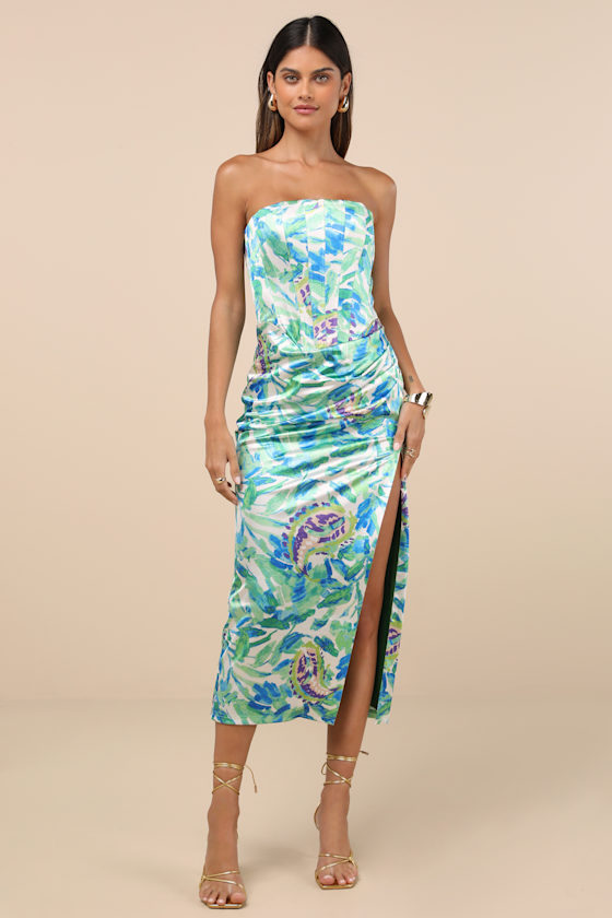 Lulus Deasia Green And Blue Floral Bustier Midi Dress