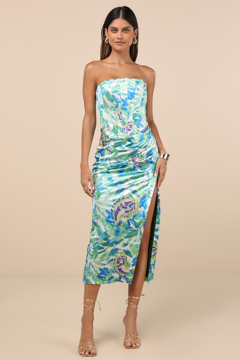 Deasia Green and Blue Floral Bustier Midi Dress