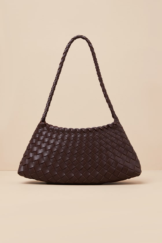 Dark Brown Vegan Leather Handbag - Shoulder Bag - Woven