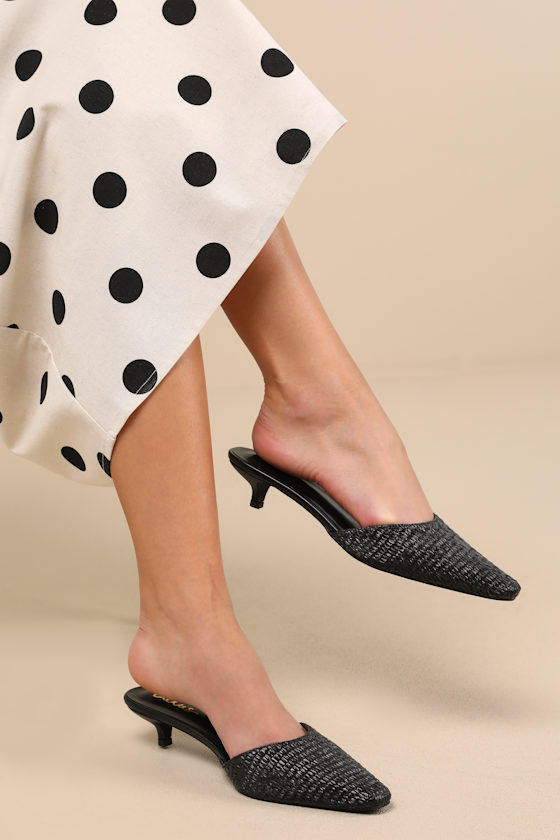 Lulus Alenna Black Raffia Pointed-toe Kitten Heel Mule Pumps