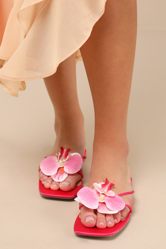 Florra Hot Pink Satin Floral Applique Low Heel Slide Sandals 1
