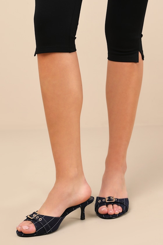 Lulus Vendela Navy Pinstriped Buckle Kitten Heel Slide Sandals