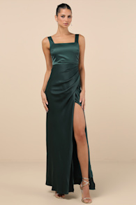 Red Carpet Romance Emerald Green Satin Square Neck Maxi Dress 5