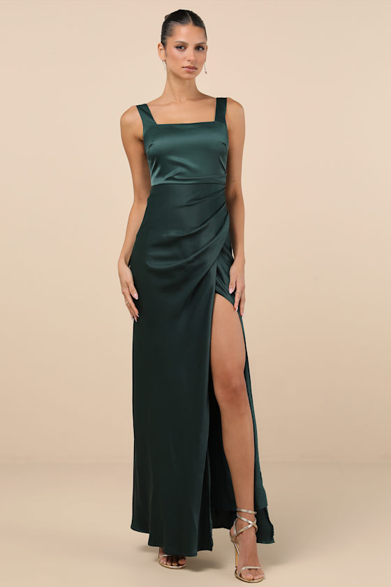 Red Carpet Romance Emerald Green Satin Square Neck Maxi Dress 5