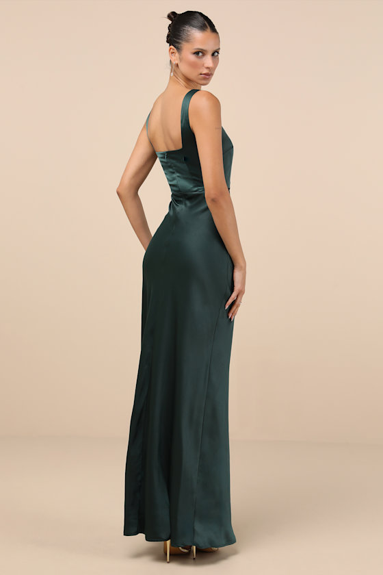 Red Carpet Romance Emerald Green Satin Square Neck Maxi Dress 6
