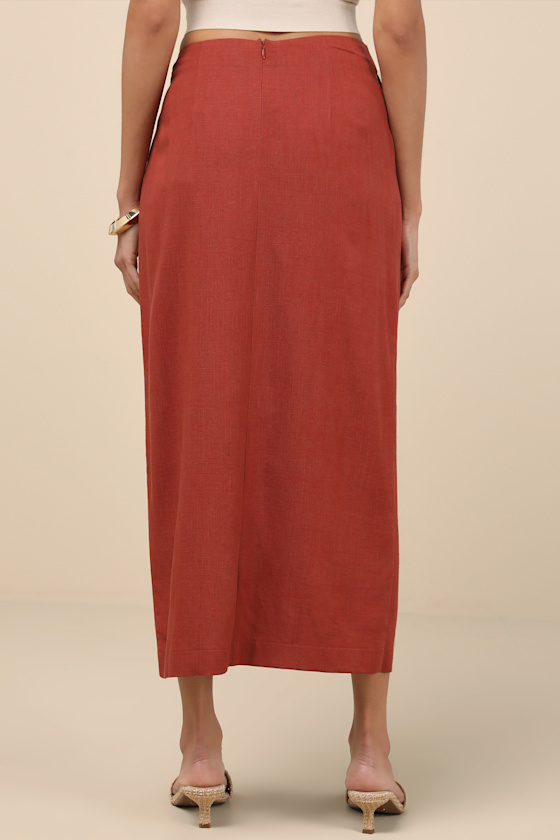 Lulus Sibilla Rust Cutout Faux-wrap Midi Skirt