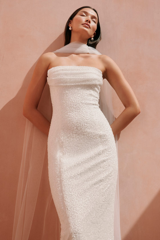 Catriona White Beaded Cowl Neck Strapless Maxi Dress