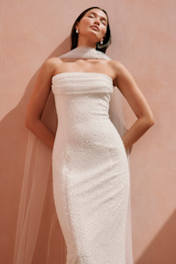 Catriona White Beaded Cowl Neck Strapless Maxi Dress