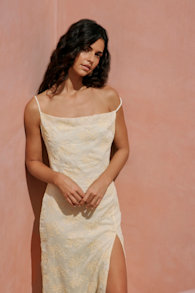 Lovely Existence Light Yellow Embroidered Cowl Neck Midi Dress