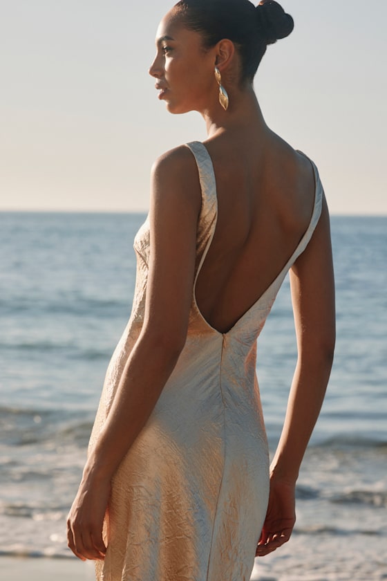 Lulus Christelle Champagne Crinkle Satin Backless Midi Slip Dress In Champagne