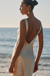 Christelle Champagne Crinkle Satin Backless Midi Slip Dress