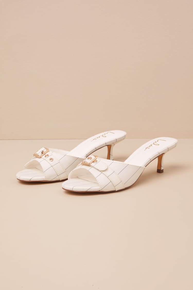 Vendela White Pinstriped Buckle Kitten Heel Slide Sandals