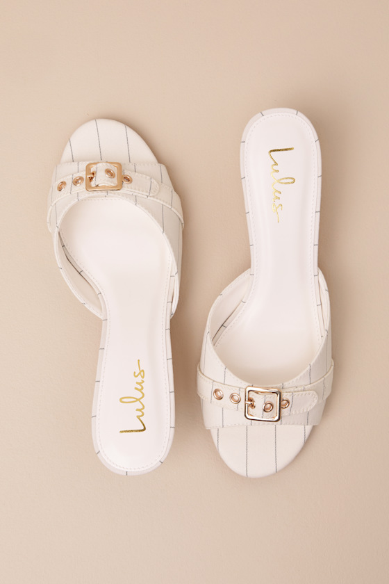 Shop Lulus Vendela White Pinstriped Buckle Kitten Heel Slide Sandals