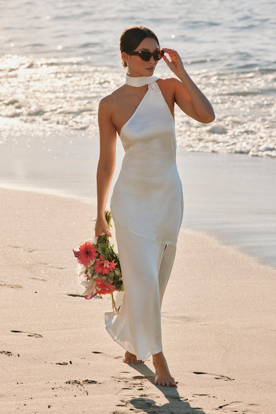 Lulus Reglan White Satin One-shoulder Sash Midi Dress