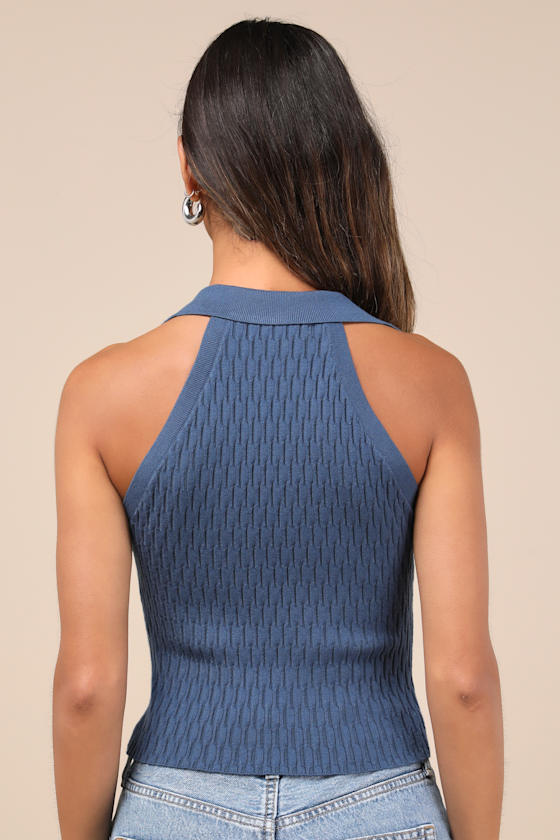 Eliseo Dark Slate Blue Knit Collared Tank Top 3
