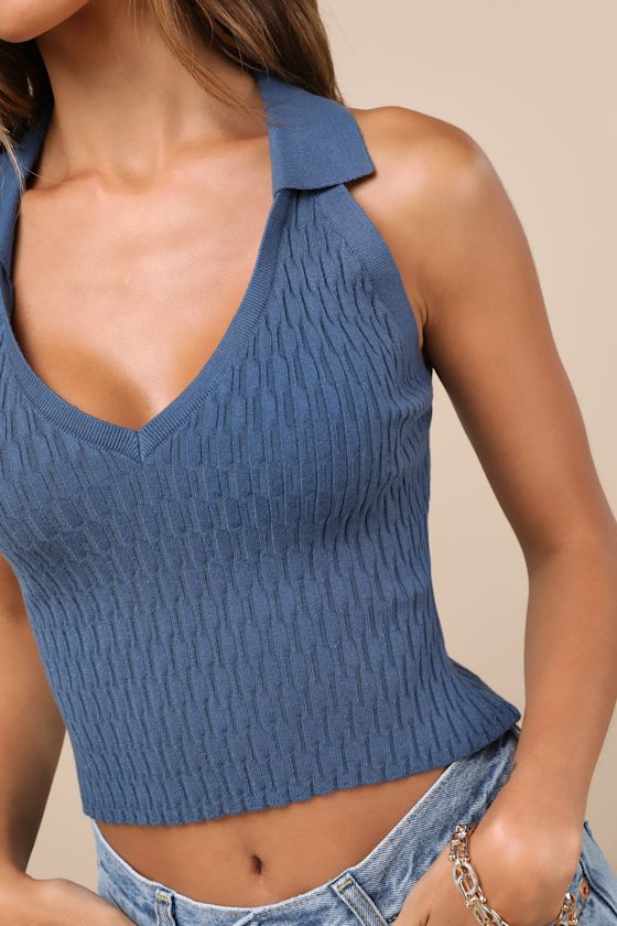 Lulus Eliseo Dark Slate Blue Knit Collared Tank Top
