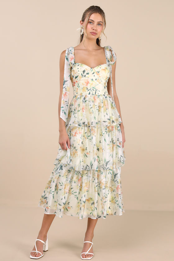 Lulus Svea Light Yellow Floral Tiered Tie-strap Midi Dress