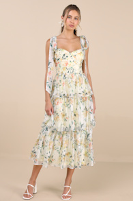 Svea Light Yellow Floral Tiered Tie-Strap Midi Dress