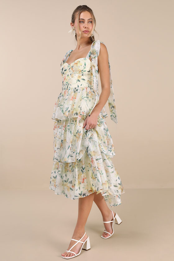 Lulus Svea Light Yellow Floral Tiered Tie-strap Midi Dress In Multi