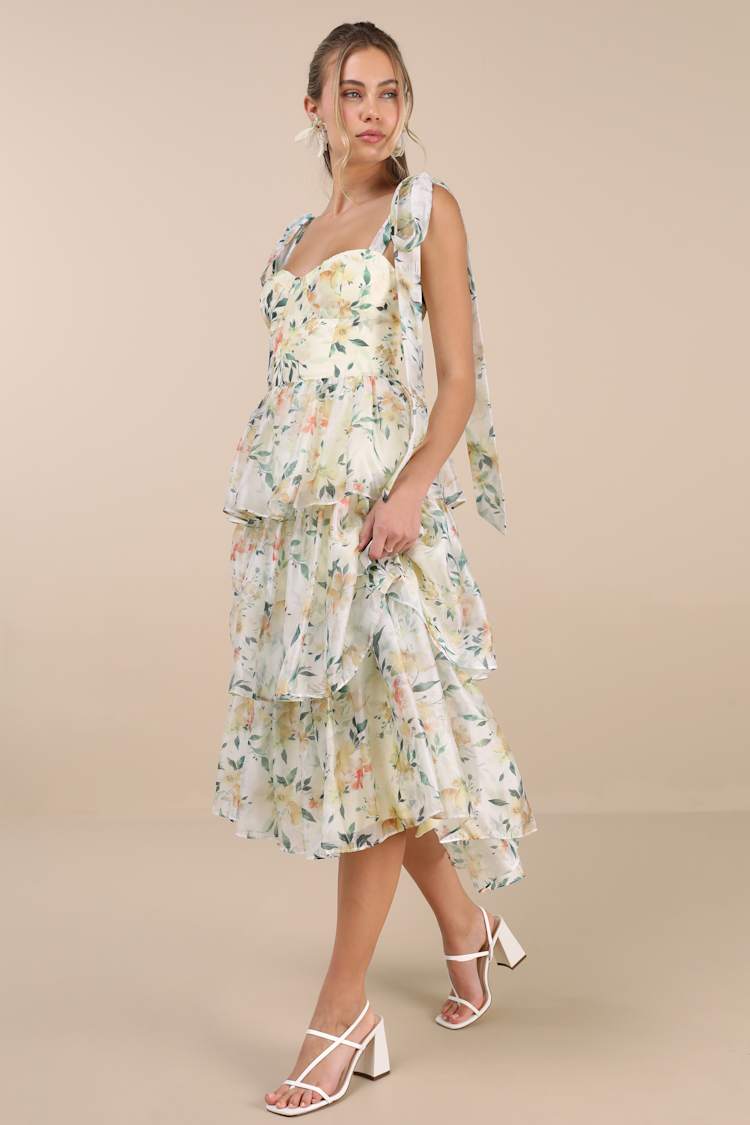 Svea Light Yellow Floral Tiered Tie-Strap Midi Dress
