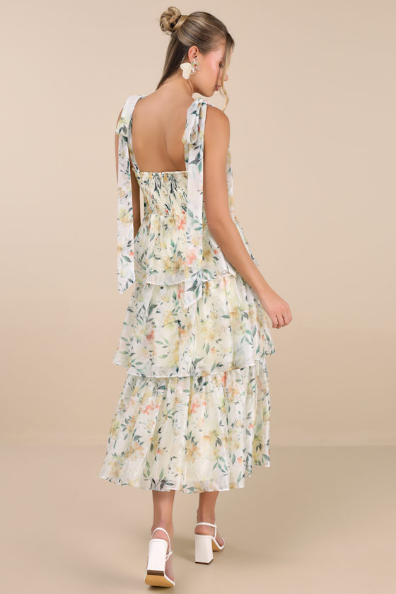 Lulus Svea Light Yellow Floral Tiered Tie-strap Midi Dress In Multi
