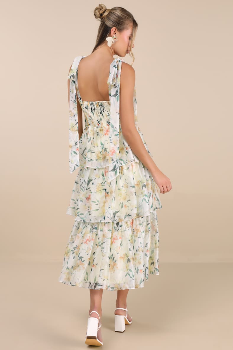 Svea Light Yellow Floral Tiered Tie-Strap Midi Dress