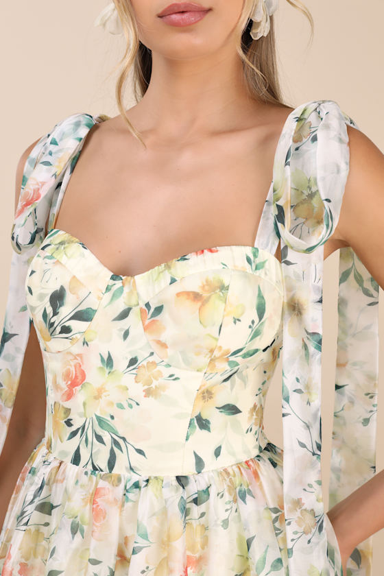 Lulus Svea Light Yellow Floral Tiered Tie-strap Midi Dress In Multi
