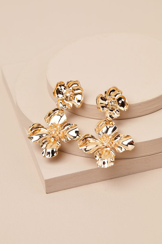 Lulus Kimora Gold Flower Statement Earrings