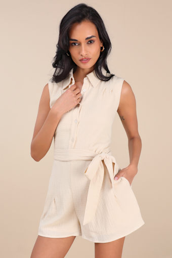 Corbett Beige Gauzy Collared Belted Sleeveless Romper 2