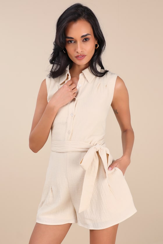 Corbett Beige Gauzy Collared Belted Sleeveless Romper 2
