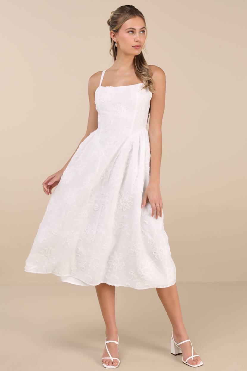 knee length dresses for ladies BREEZE JACQUARD FLOWER APPLIQUE MIDI DRESS – PatBO main image 1
