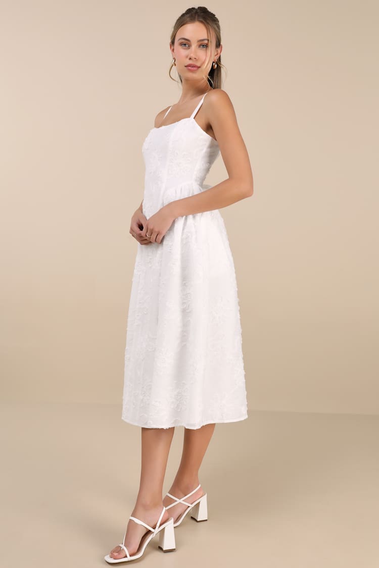 Teodora White Floral Applique Lace-Up Midi Dress