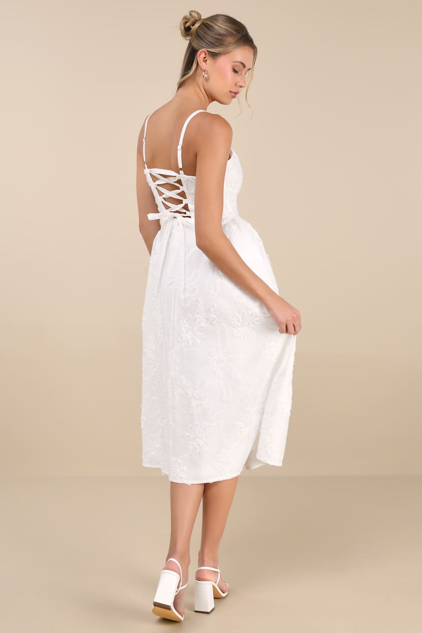 Teodora White Floral Applique Lace-Up Midi Dress
