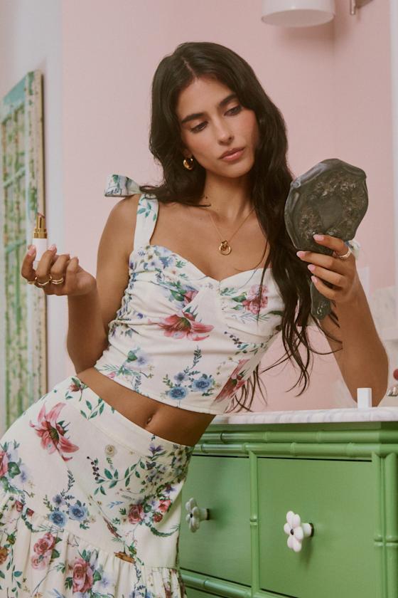 Beautifully Chic White Floral Tie-Strap Bustier Top