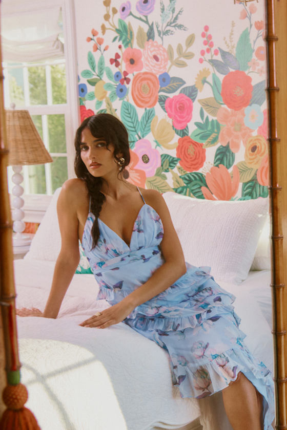 Lulus Saveria Light Blue Floral Ruffled Asymmetrical Maxi Dress In Light Blue