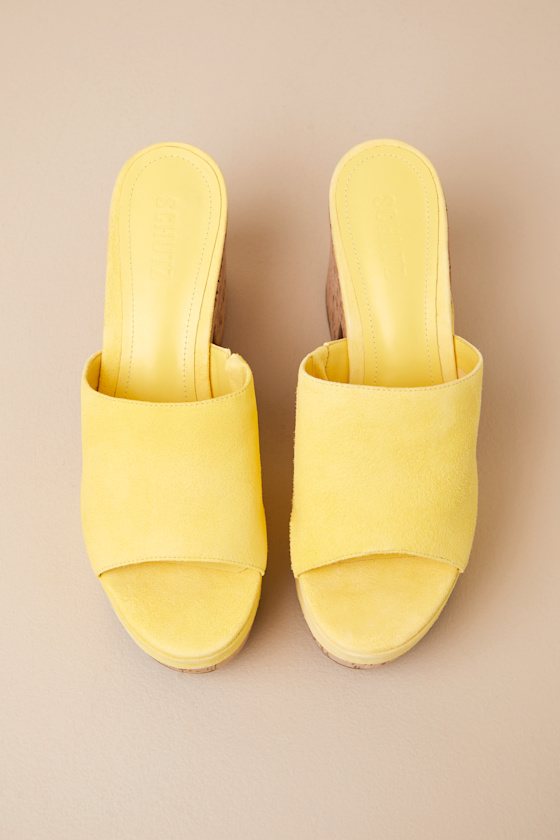 SCHUTZ DALLE WAVE YELLOW SUEDE LEATHER PLATFORM SLIDE SANDALS